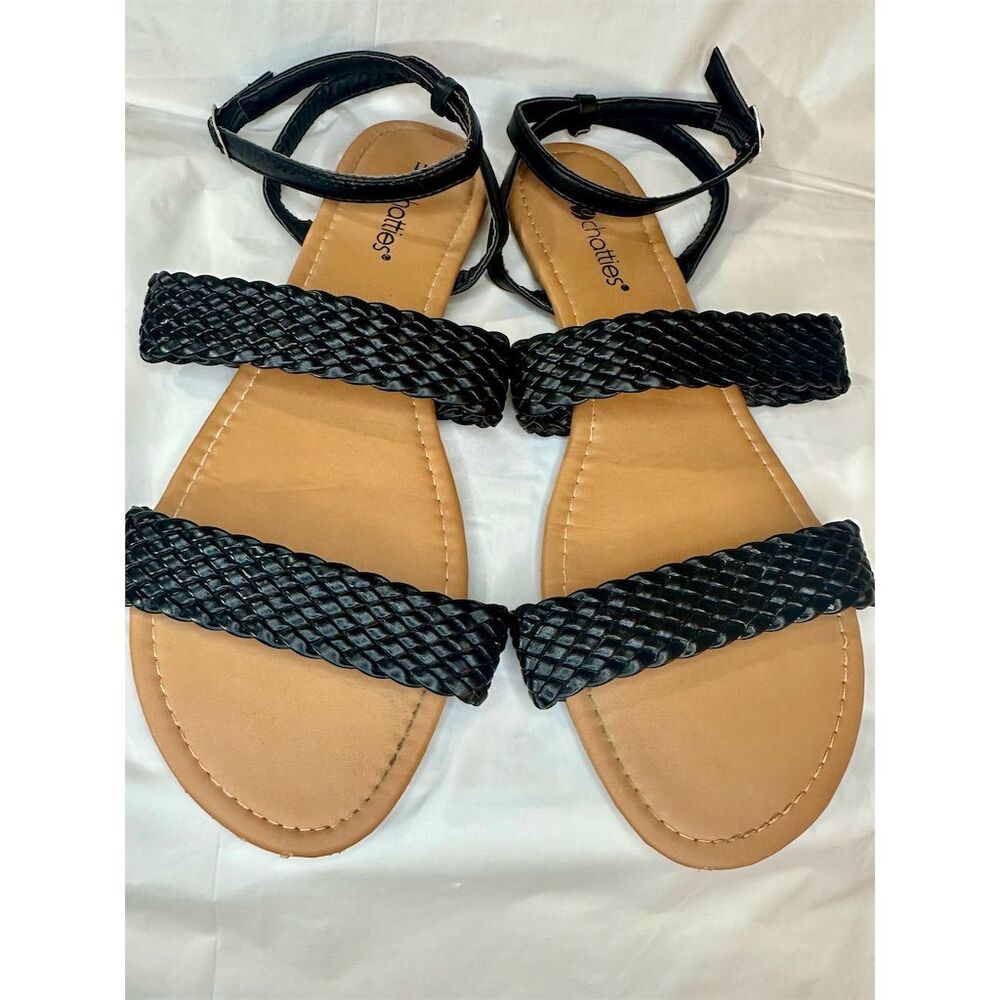 Chatty Women's Black Woven Double Band Flat Sandals Casual Summer 11
